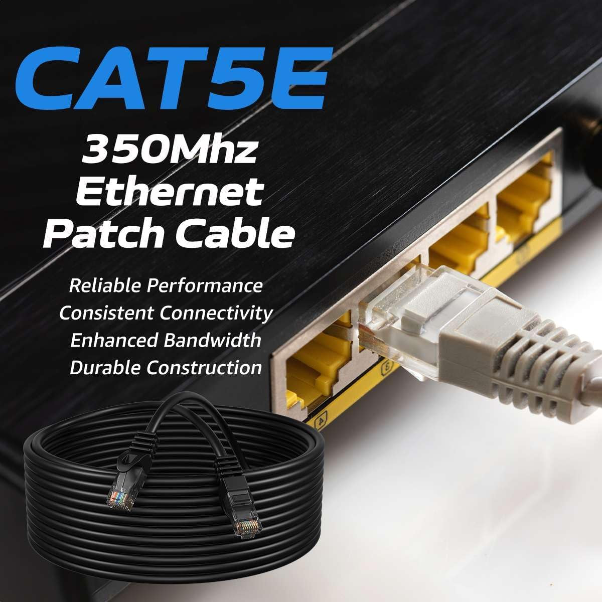 Cat5E 100FT Network Ethernet Patch Cable, 350Mhz Internet Wire, Backwards Compatible with Cat5, for PC, Modem, Router, Consoles for Home and Office, Black